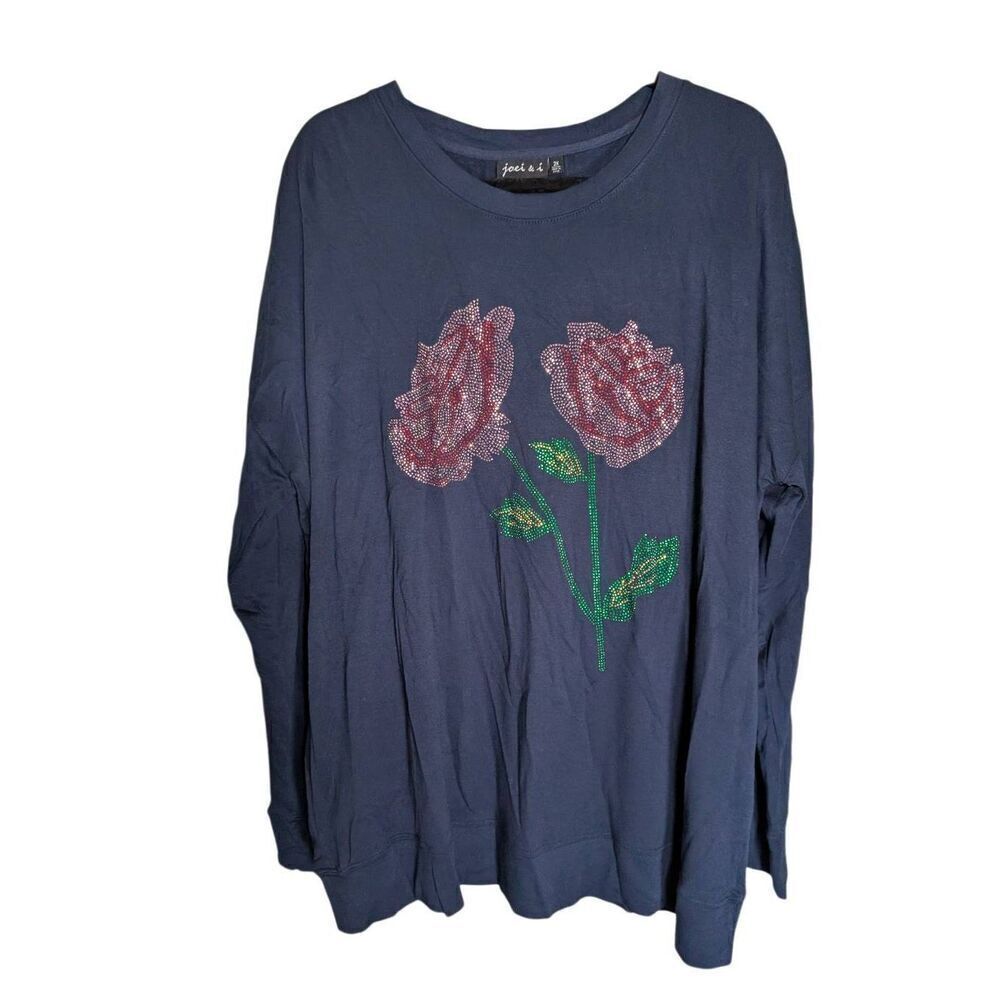 NWT Joei & i ROSE RHINESTONE LONG SLEEVE T-SHIRT Navy Blue Cotton Size 2X